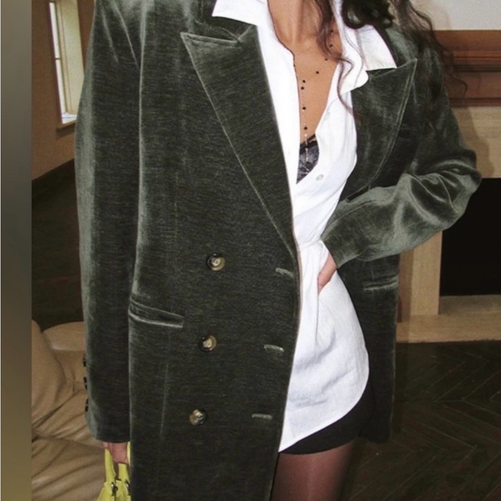 Commense Olive Green Velvet Double-Breasted Blazer - Picture 2 of 5